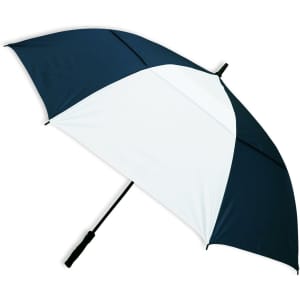 A large umbrella featuring a navy blue and white design, with a sturdy black handle. It has a logo on the fabric.
