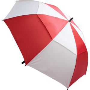 A red and white, segmented umbrella with a central opening mechanism and a logo on the handle.