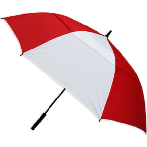 A red and white umbrella with a black handle, featuring a logo on the canopy.