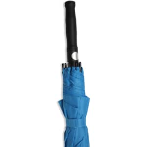 A blue umbrella with a black handle, featuring a logo on the handle.