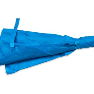 A blue umbrella with ties gathered neatly, featuring a logo on the fabric.