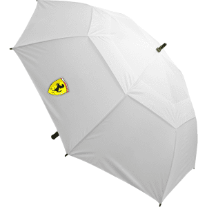 A white umbrella with a logo on the side. The umbrella features a classic canopy design.