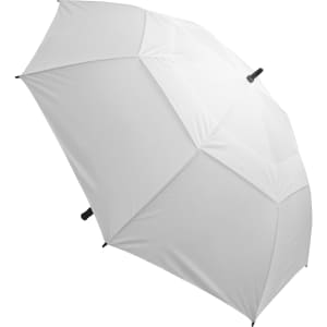 A white umbrella with a black handle and features a logo.