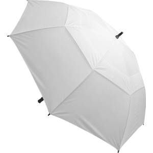 A white umbrella with a black handle and a logo on the fabric.