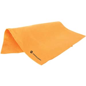 An orange large chamois towel with a logo on one side, featuring a soft, absorbent texture.