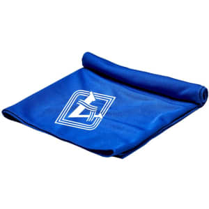 A blue cooling towel folded neatly with a logo printed on it.