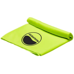 A bright green cooling towel, rolled slightly, featuring a logo on the surface.