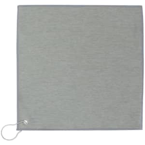 A grey golf towel with a silver eyelet and loop for hanging. It has a simple, clean design.