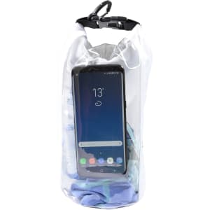 A transparent 2.5L dry bag containing a phone and clothing items, featuring a black closure and a logo.