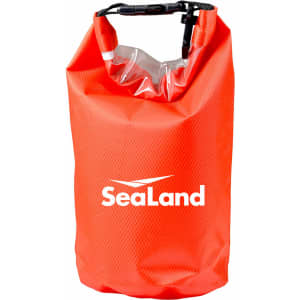 An orange 2.5L dry bag with a black strap and a logo on the front. The material appears waterproof.