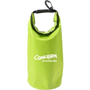 A bright green 2.5L dry bag with a clip and a logo on the front.