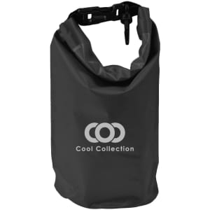 A 2.5L black dry bag with a roll-top closure and a logo on the front.