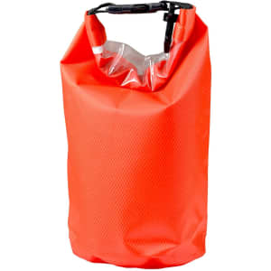 An orange 2.5L dry bag with a clear top and a secure closure, featuring a strap and a logo.