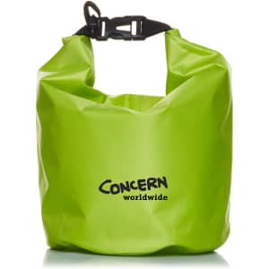 A bright green 5L dry bag with a buckle closure and a logo on the front.