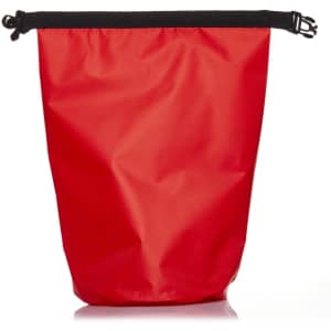A red 5L dry bag with a black fastening system and a textured surface. It features a logo on the material.