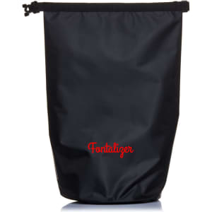 A 10L dry bag in black with a logo, featuring a roll-top closure for waterproof storage.