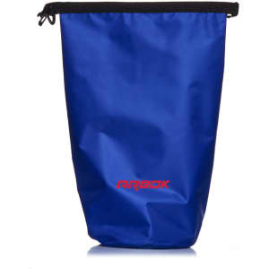 A blue dry bag with a black closure and a logo at the bottom.