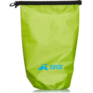 A bright green 10L dry bag with a black top and a logo on the front.