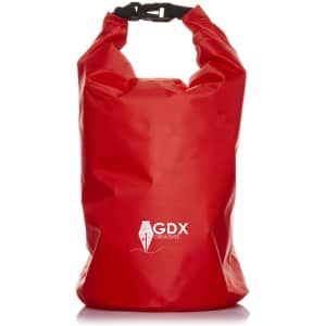 A red dry bag with a secure top buckle and a logo on the front.