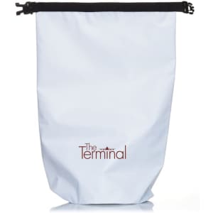 A light blue 10L dry bag with a black zip closure and a logo at the front.