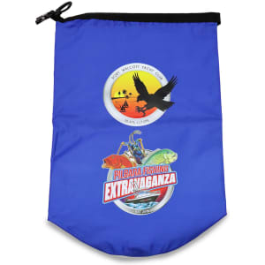 A blue dry bag featuring logos, including a yacht club and a fishing event design.