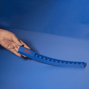 A blue 30cm popper ruler with a hand holding it, featuring a textured popping surface and a logo.