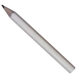 A grey-lead pencil, 3 1/2 inches long, featuring a sharpened tip and a white body. It has a logo on the side.