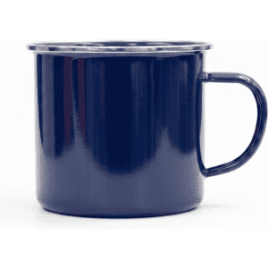 A drink bottle featuring a navy blue enamel finish with a sturdy handle and a classic design. It includes a logo.