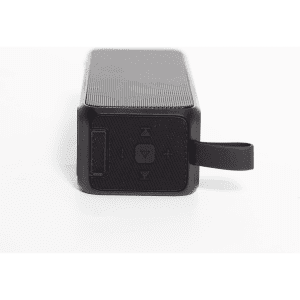 A black rectangular solar speaker featuring controls on one side and a loop for attachment.