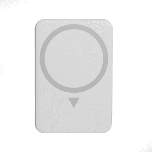 A white wireless charging power bank featuring a circular design and a directional indicator. It has a logo on the surface.