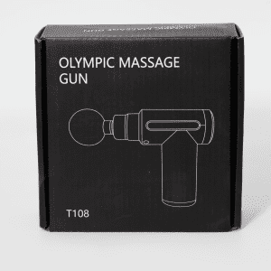 A black box containing the Olympic Massage Gun illustration, featuring a logo and a simple design.