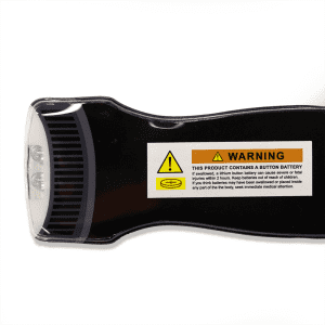 A black magnetic flashlight with two LED lights, featuring a warning label and a visible battery compartment.
