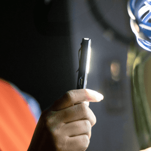 A handheld rechargeable work light with a bright white LED, set against a dark background, featuring a sleek black design.