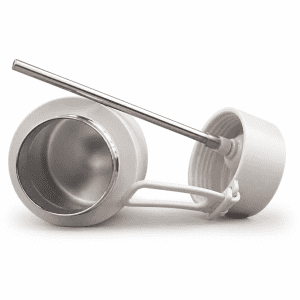 A drink bottle in white with a stainless steel straw, featuring a simple design and a lid attached by a handle.