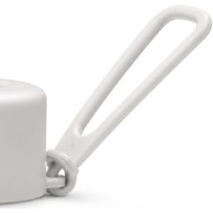 A drink bottle cap in white with a textured surface and a looped handle for easy carrying.