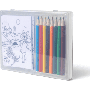 A sketch set containing coloured pencils in various colours and a notepad with a cartoon drawing. The set is in a clear case.