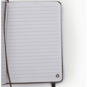 An open notebook with lined pages and a logo in the bottom corner. The cover is a neutral colour.