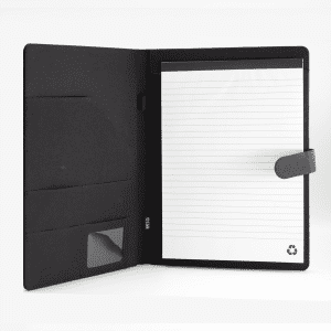 A black RPET portfolio featuring a notepad, card slots, and a recycled symbol on the bottom corner.