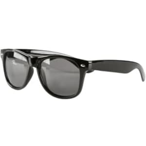 Black sunglasses with grey lenses, featuring a logo on the side, perfect for leisure and outdoor activities.