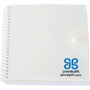 A white spiral notepad with a transparent cover and a logo on the lower right corner.