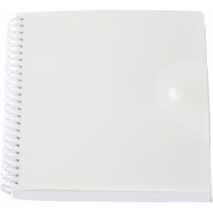 A white spiral-bound notepad with a clear cover and a button closure. It features a logo on the front.