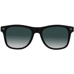 Black sunglasses with gradient grey lenses and a logo on the arm.