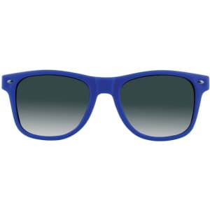Blue sunglasses with gradient lenses and a logo on the side, designed for leisure and outdoor activities.