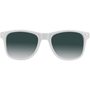 White sunglasses with gradient grey lenses. The sunglasses feature a logo on the side.