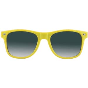 A pair of yellow sunglasses with dark green gradient lenses and a simple design. They feature a logo on the frame.