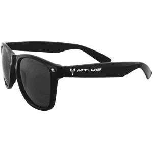 A pair of black sunglasses with dark lenses and a logo on the side. Ideal for leisure and outdoor activities.