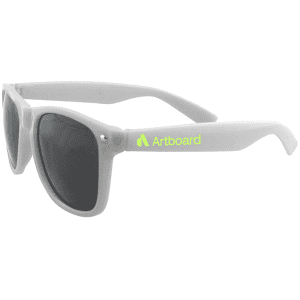 A pair of grey sunglasses with dark lenses and a logo on the arm, suitable for leisure and outdoor activities.