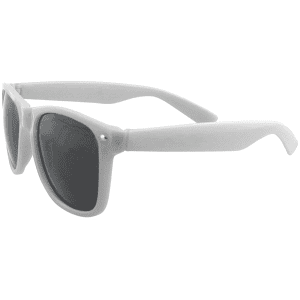 White sunglasses with dark lenses, featuring a classic frame design and logo detailing on the side.