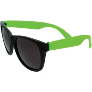 Retro sunglasses featuring black frames and bright green arms, with a logo on the side.