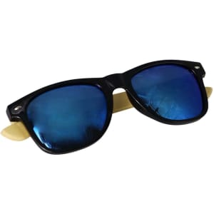 Sunglasses with black frames and blue lenses, featuring bamboo-coated arms and a small logo.